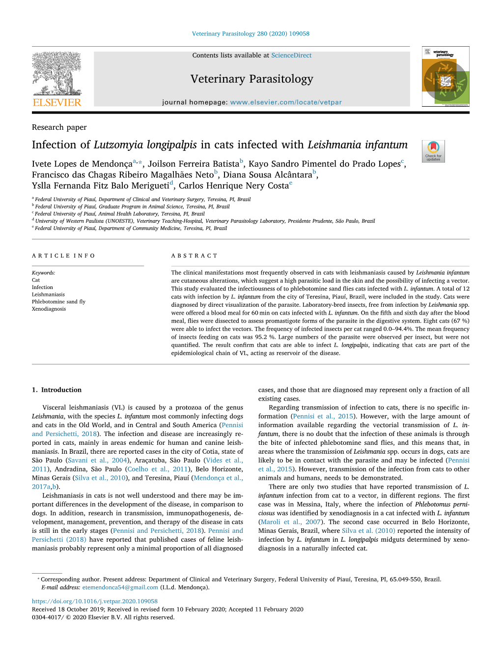 Infection of Lutzomyia Longipalpis in Cats Infected with Leishmania Infantum