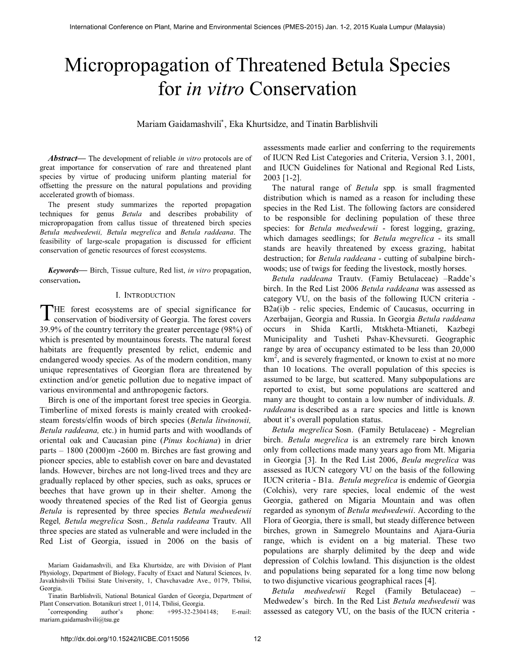 Micropropagation of Threatened Betula Species for in Vitro Conservation