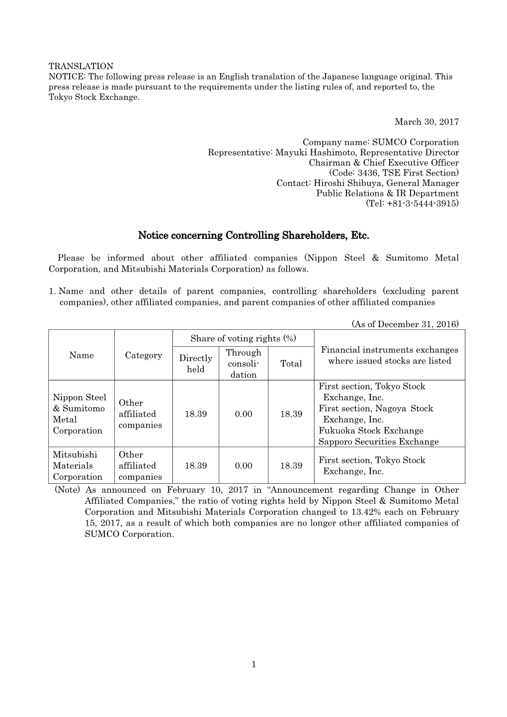 SUMCO (3436) Notice Concerning Controlling Shareholders, Etc
