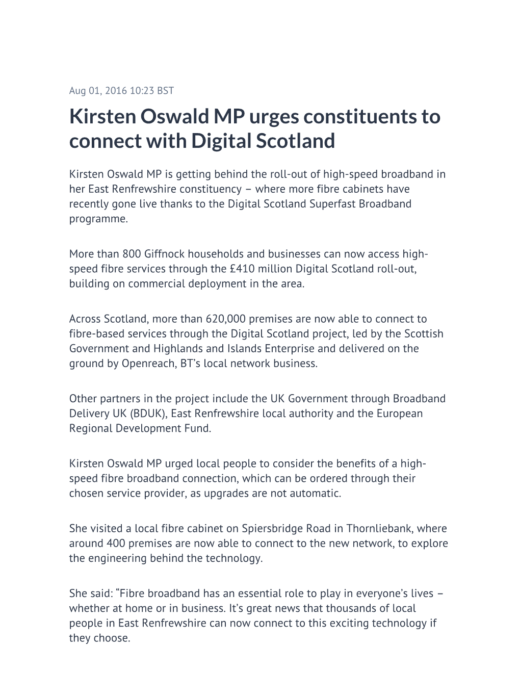 Kirsten Oswald MP Urges Constituents to Connect with Digital Scotland