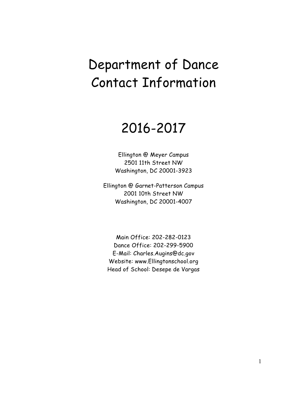 Department of Dance Contact Information 2016-2017