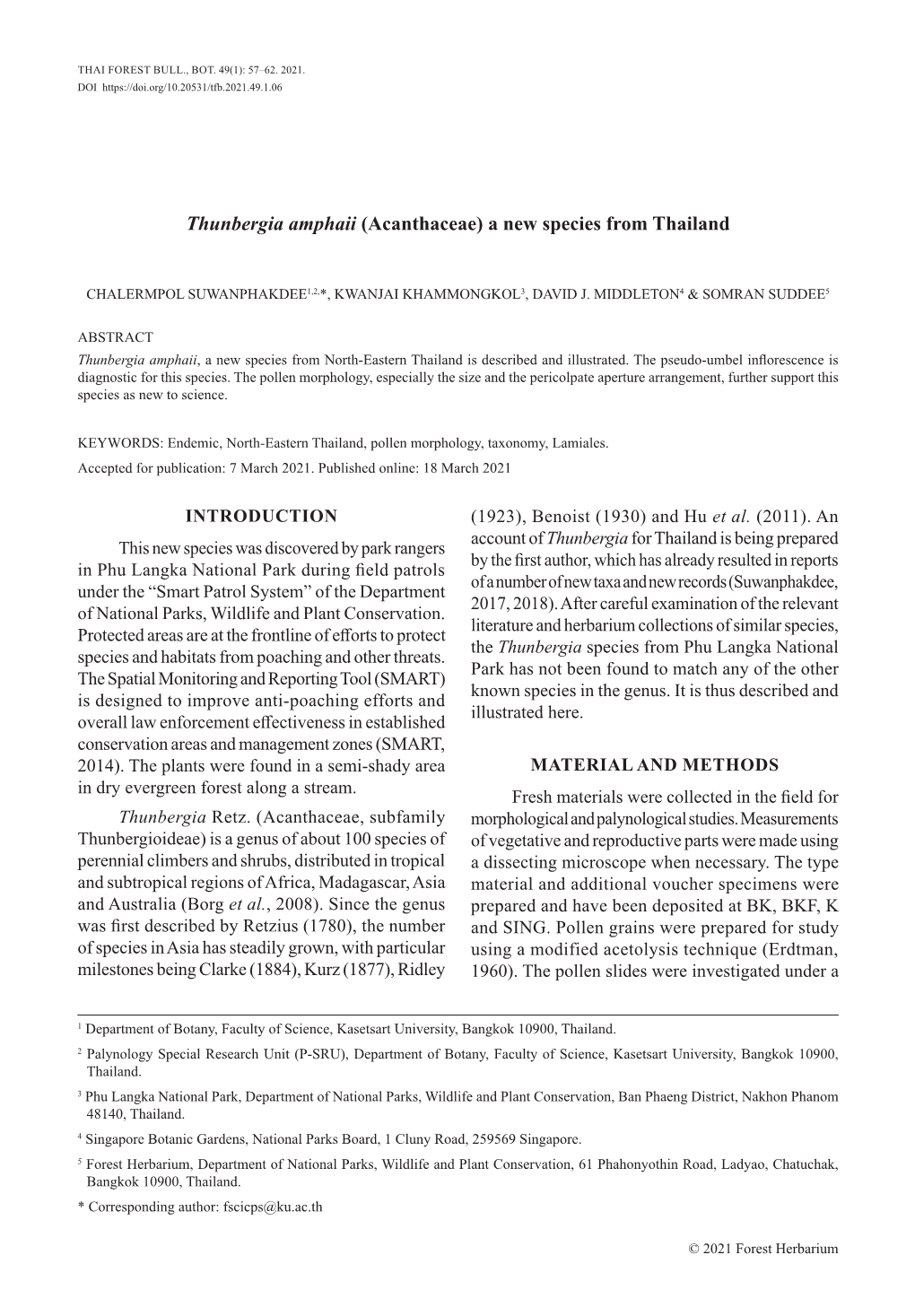 Thunbergia Amphaii (Acanthaceae) a New Species from Thailand