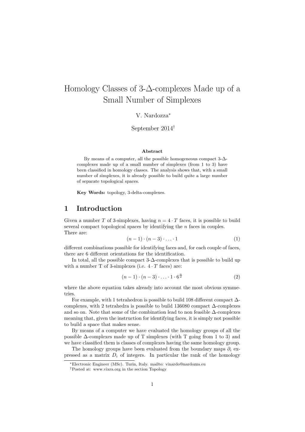 Homology Classes of 3-∆-Complexes Made up of a Small Number of Simplexes