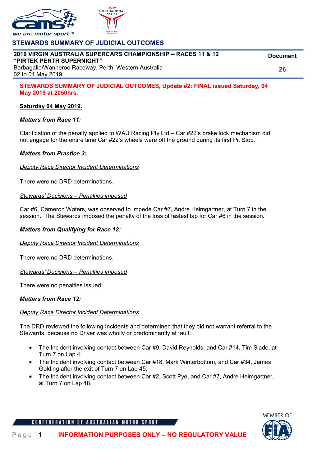 STEWARDS SUMMARY of JUDICIAL OUTCOMES Page