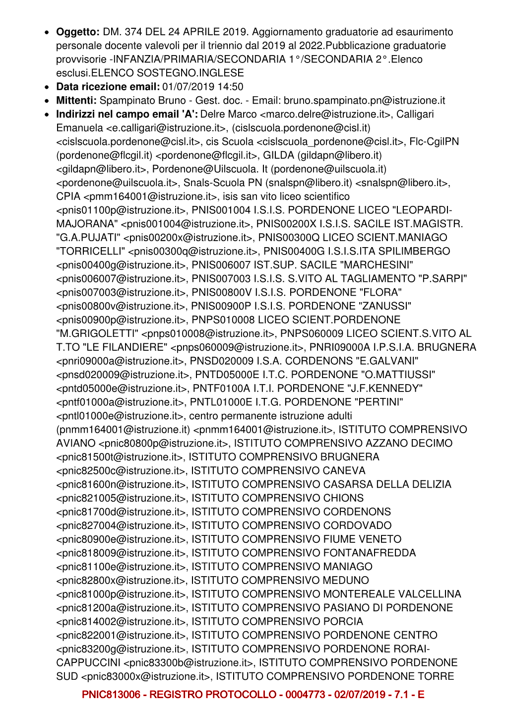 Oggetto: DM. 374 DEL 24 APRILE 2019. Aggiornamento Graduatorie Ad Esaurimento Personale Docente Valevoli Per Il Triennio Dal