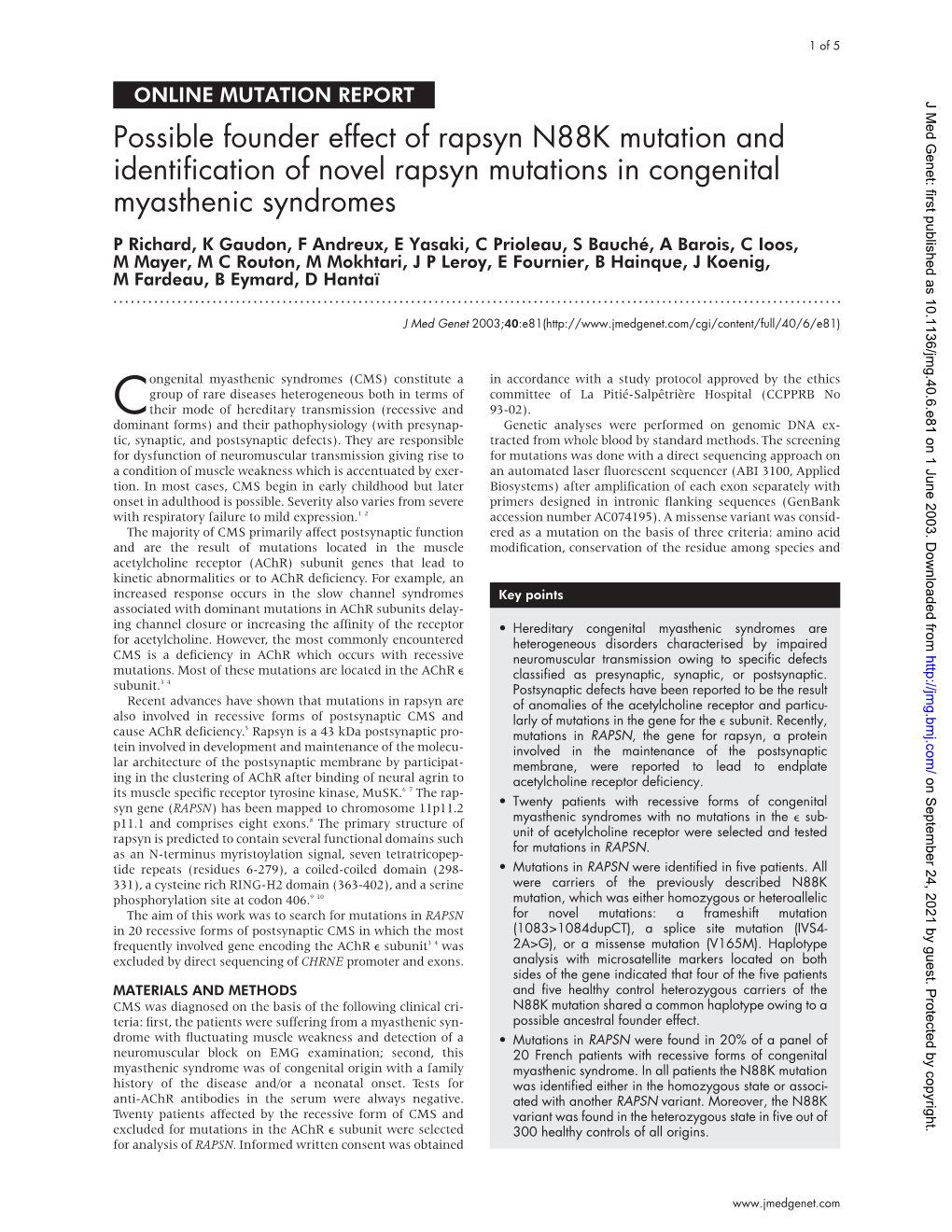 Possible Founder Effect of Rapsyn N88K Mutation and Identification Of