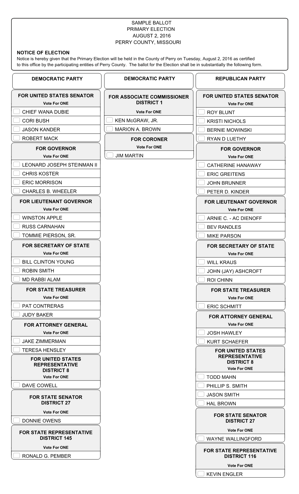 Primary Election August 2, 2016 Perry County, Missouri