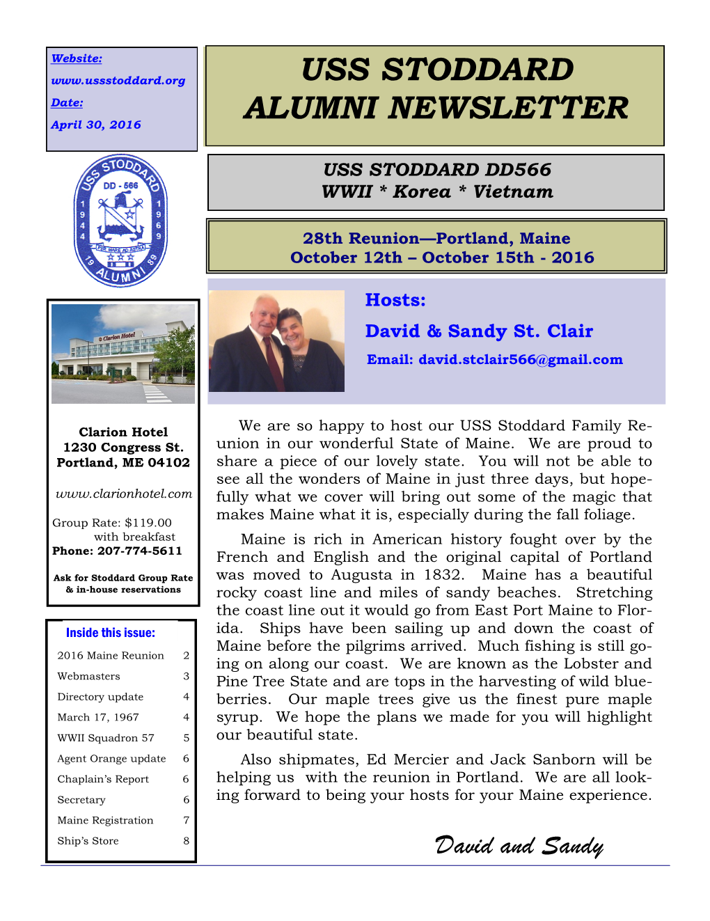 USS Stoddard Alumni Newsletter—April 2016 Page 2