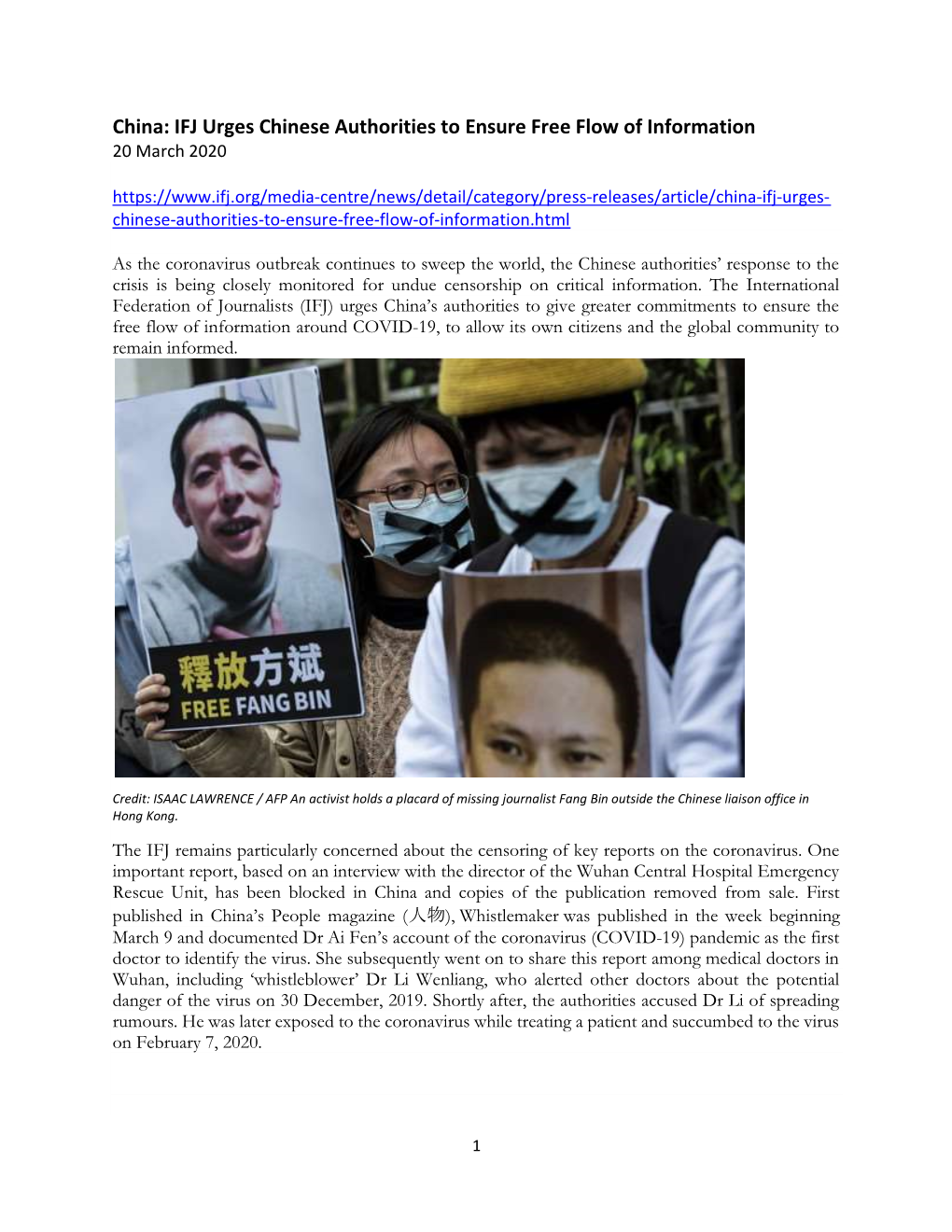 China: IFJ Urges Chinese Authorities to Ensure Free Flow Of