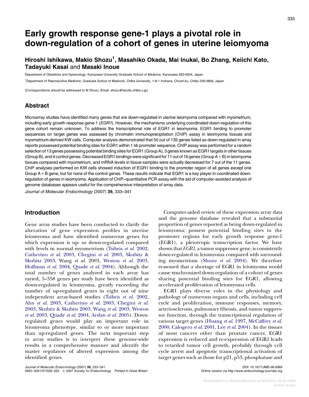 Early Growth Response Gene-1 Plays a Pivotal Role in Down-Regulation of a Cohort of Genes in Uterine Leiomyoma