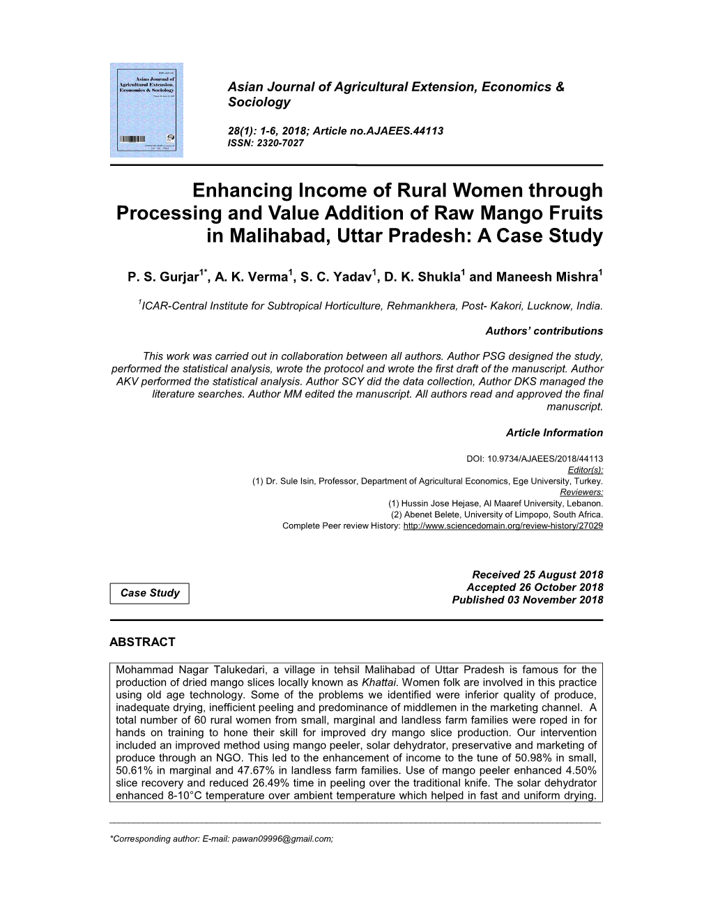 Enhancing Income of Rural Women Through Processing and Value Addition of Raw Mango Fruits in Malihabad, Uttar Pradesh: a Case Study