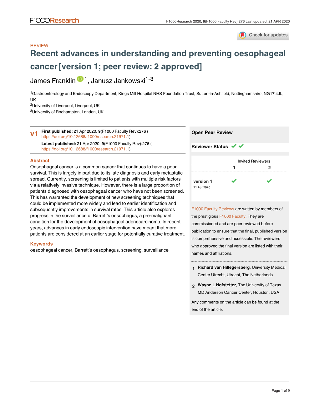 Cancer [Version 1; Peer Review: 2 Approved] James Franklin 1, Janusz Jankowski1-3