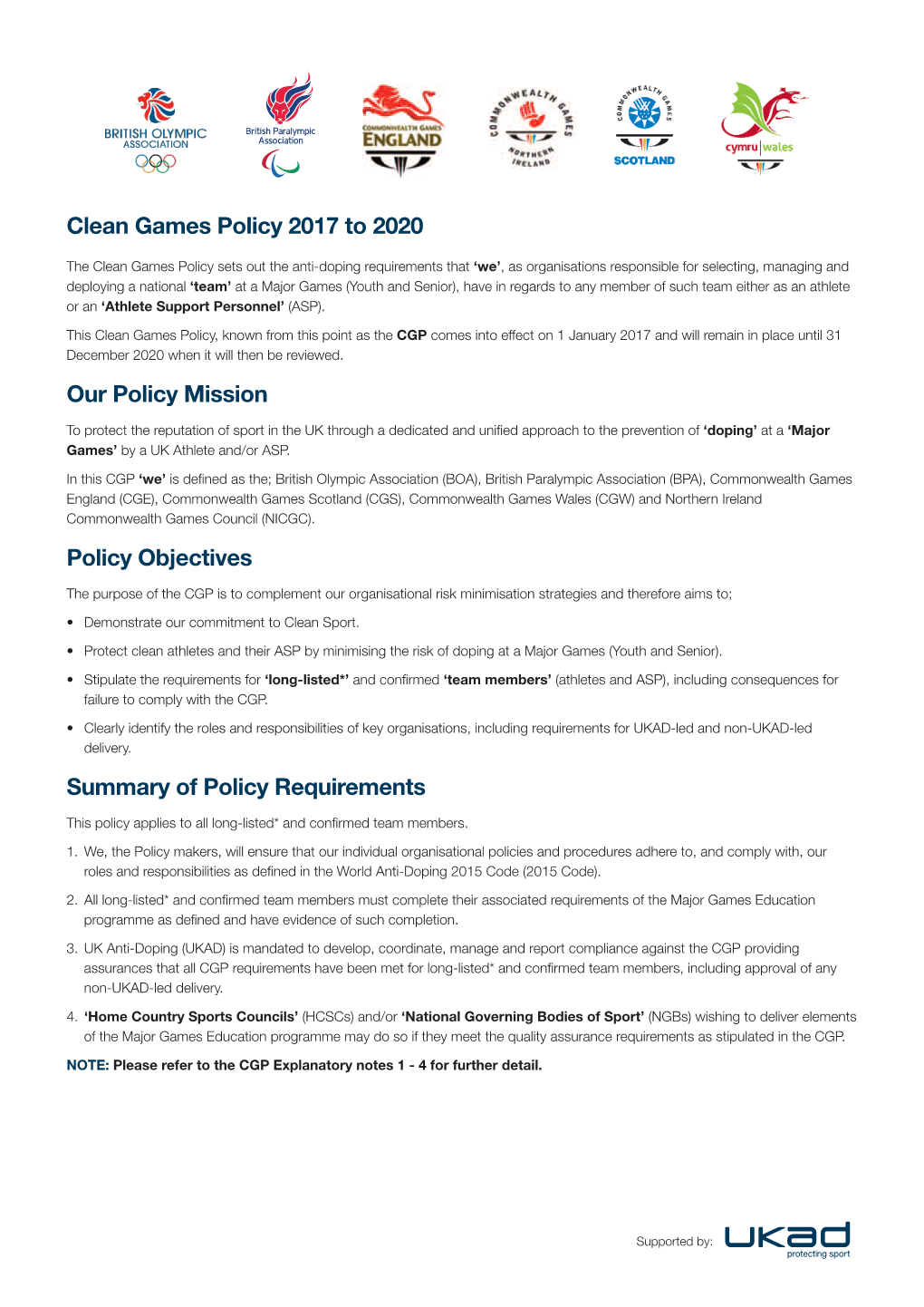 Clean Games Policy 2017 to 2020