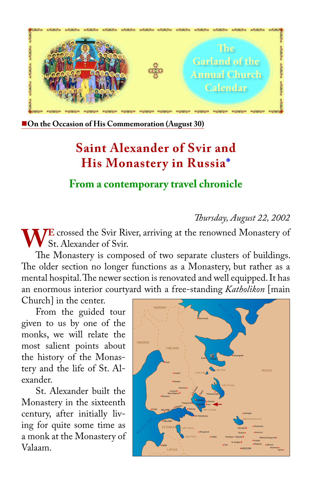 Saint Alexander of Svir and His Monastery in Russia* from a Contemporary Travel Chronicle