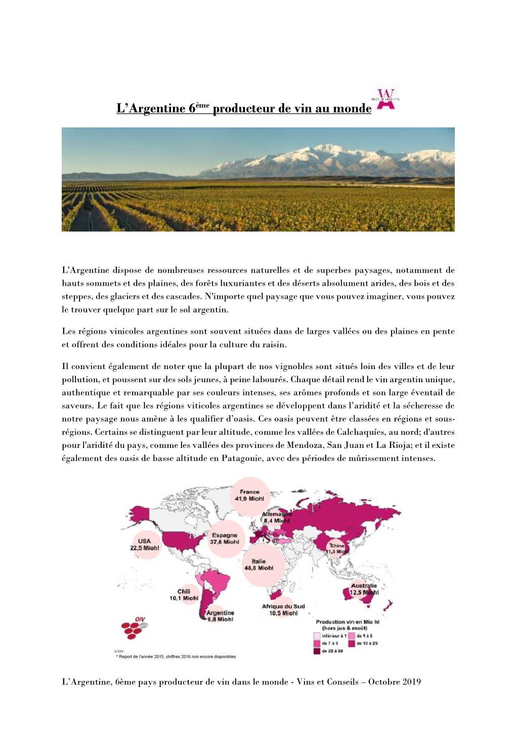 L'argentine 6Ème Producteur De Vin Au Monde