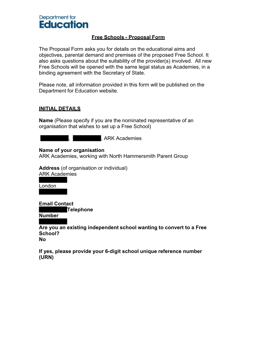 Free Schools - Proposal Form