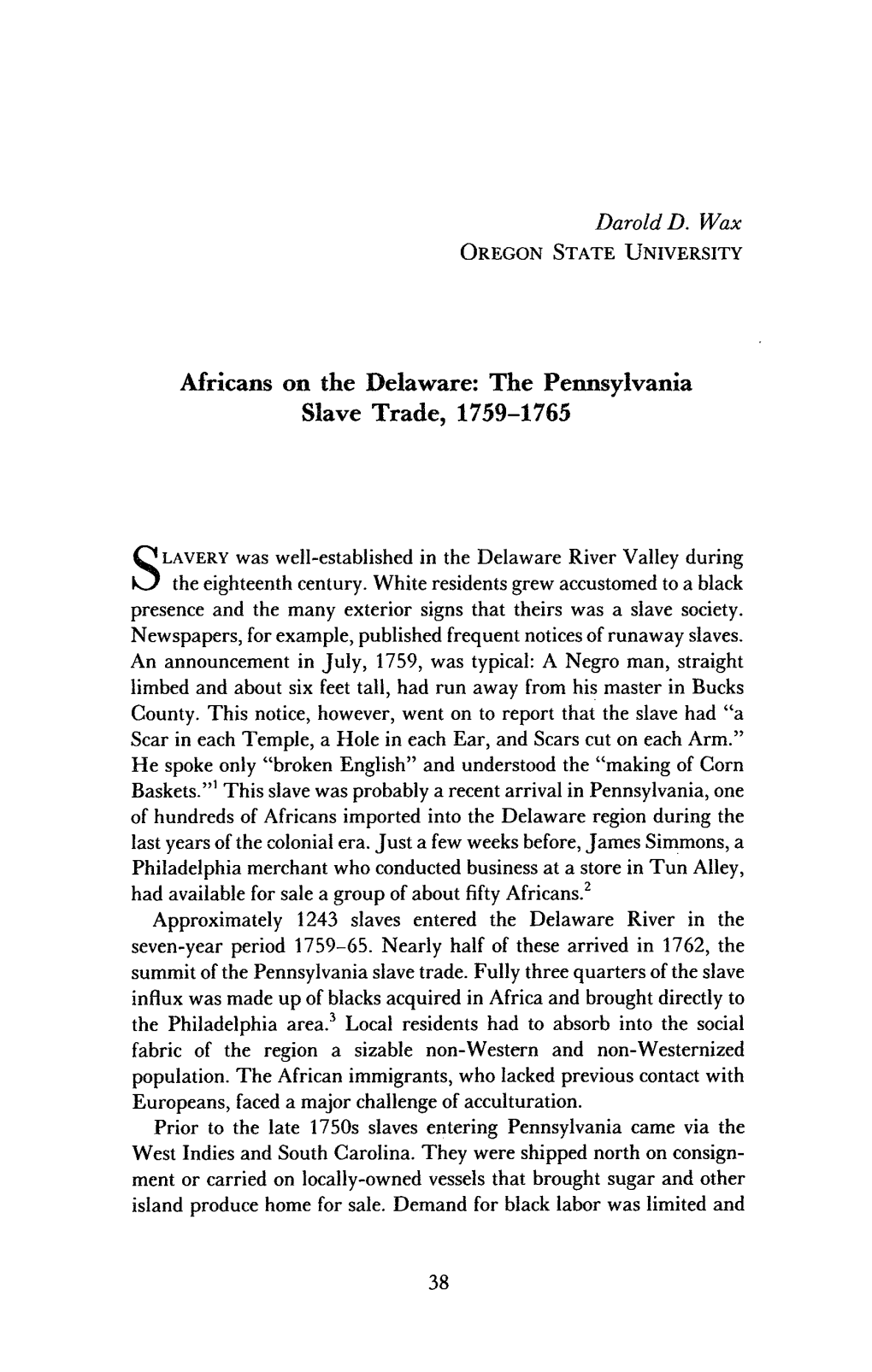 The Pennsylvania Slave Trade, 1759-1765