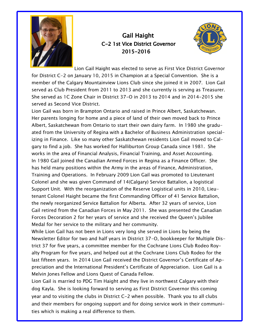 Gail Haight C-2 1St Vice District Governor 2015-2016