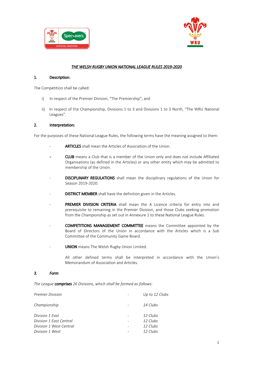 1 the Welsh Rugby Union National League Rules 2019