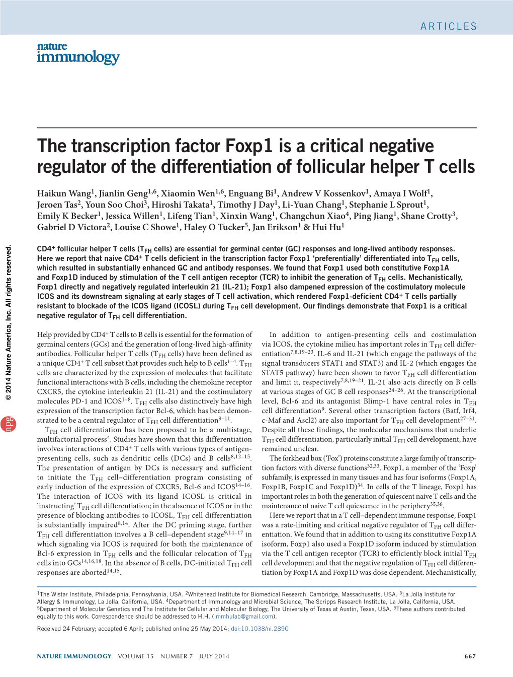 The Transcription Factor Foxp1 Is a Critical Negative Regulator of the Differentiation of Follicular Helper T Cells