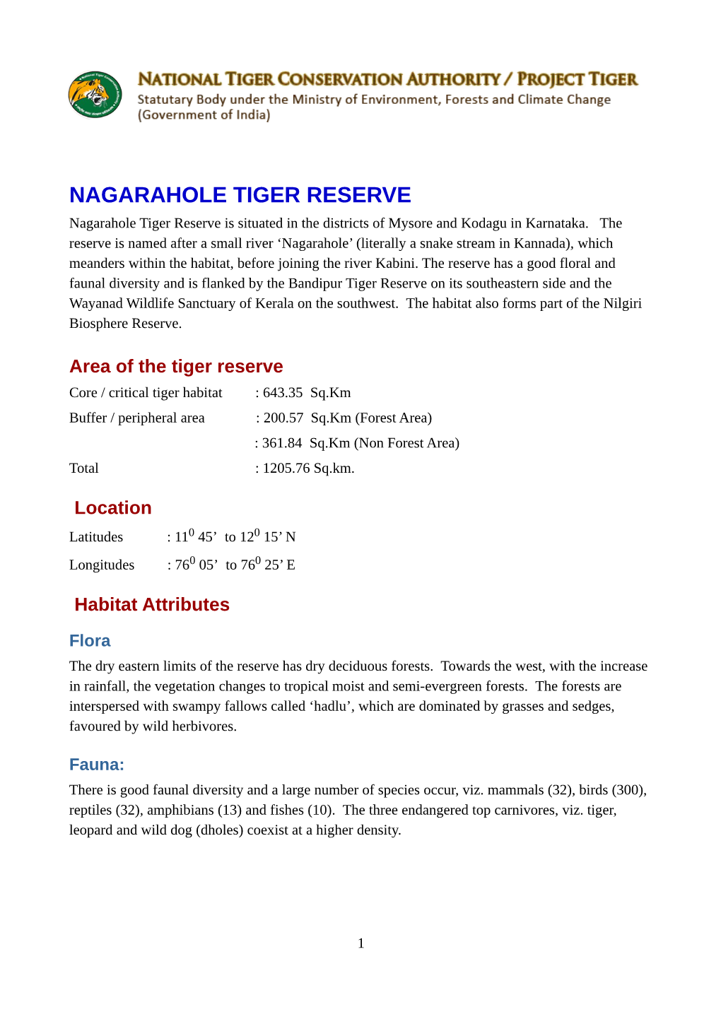 NAGARAHOLE TIGER RESERVE Nagarahole Tiger Reserve Is Situated in the Districts of Mysore and Kodagu in Karnataka