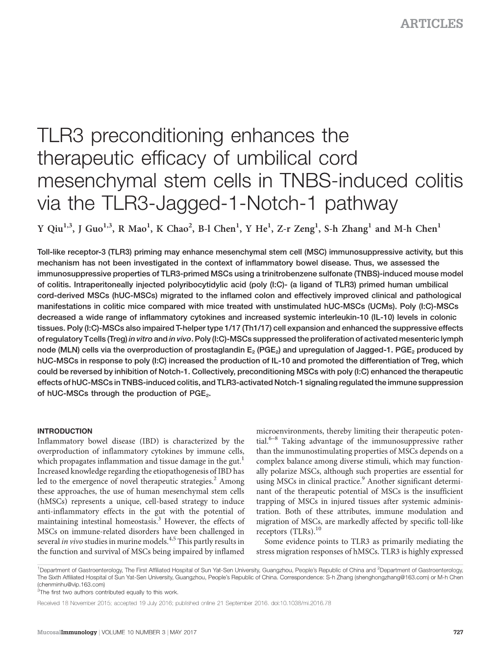 TLR3 Preconditioning Enhances the Therapeutic Efficacy of Umbilical Cord Mesenchymal Stem Cells in TNBS-Induced Colitis Via the TLR3-Jagged-1-Notch-1 Pathway