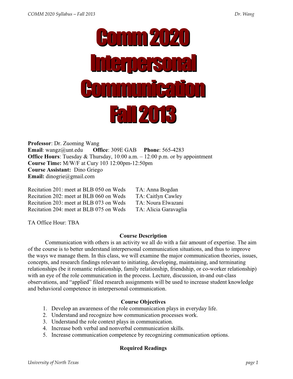 COMM 2020 Syllabus Fall 2013 Dr. Wang