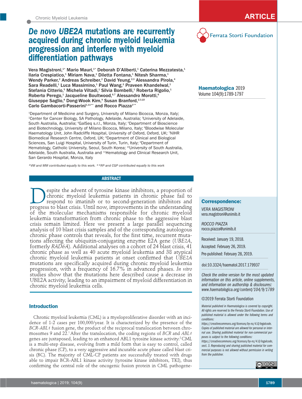 De Novo UBE2A Mutations Are Recurrently Acquired During Chronic Myeloid Leukemia Progression and Interfere with Myeloid Differen