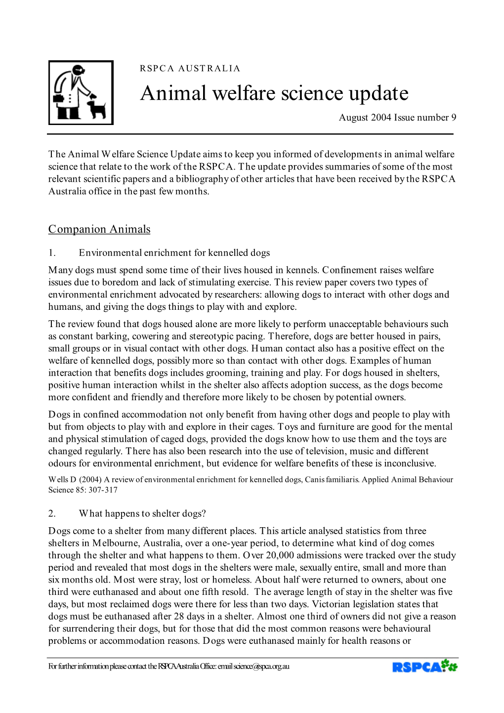 Animal Welfare Science Update August 2004 Issue Number 9