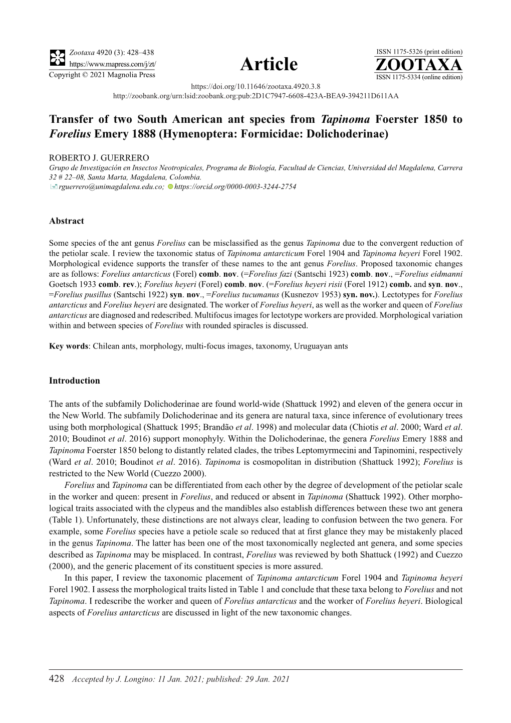 Transfer of Two South American Ant Species from Tapinoma Foerster 1850 to Forelius Emery 1888 (Hymenoptera: Formicidae: Dolichoderinae)