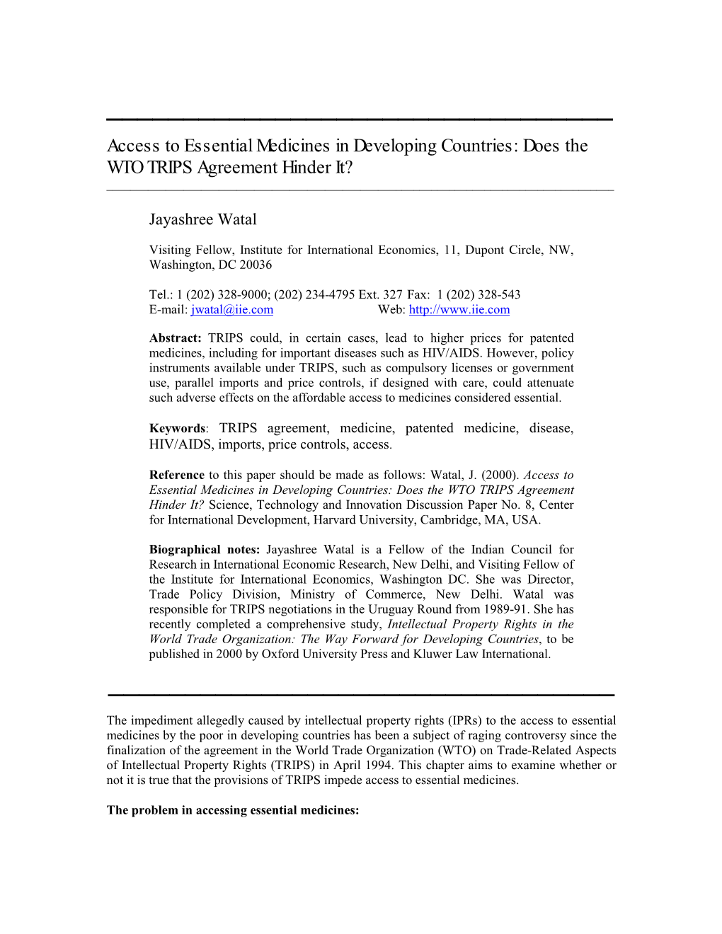 Access to Essential Medicines in Developing Countries: Does the WTO TRIPS Agreement Hinder It? ______