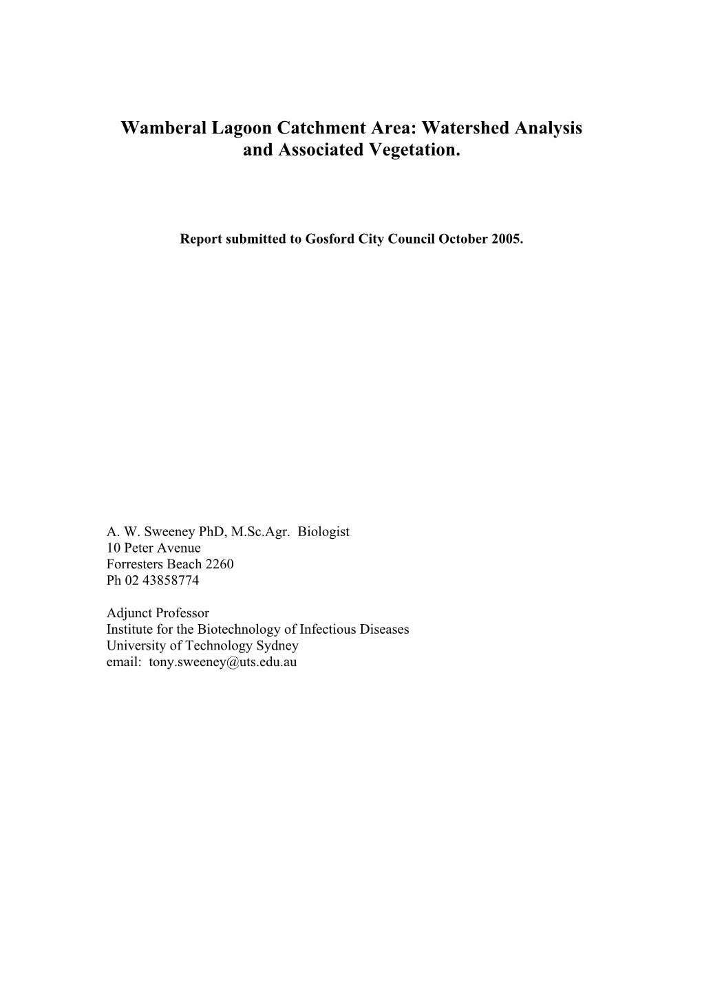 Wamberal Lagoon Catchment Area: Watershed Analysis and Associated Vegetation