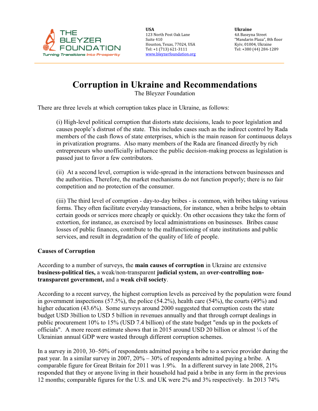 Corruption in Ukraine and Recommendations the Bleyzer Foundation