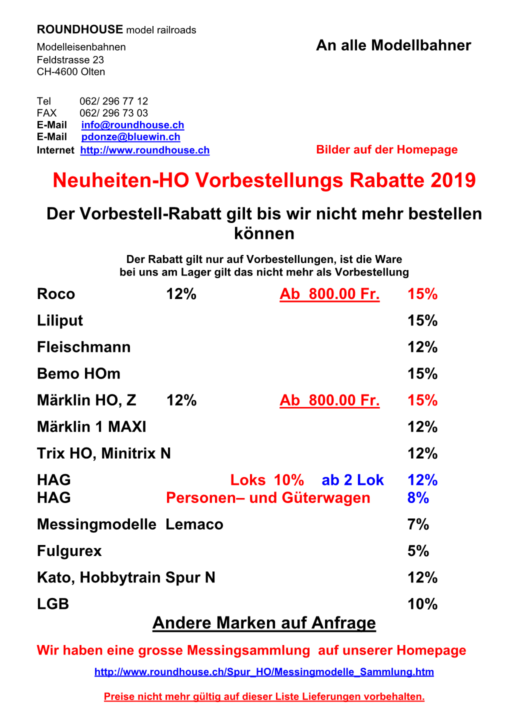 Neuheiten-HO Vorbestellungs Rabatte 2019 Der Vorbestell-Rabatt Gilt Bis Wir Nicht Mehr Bestellen Können