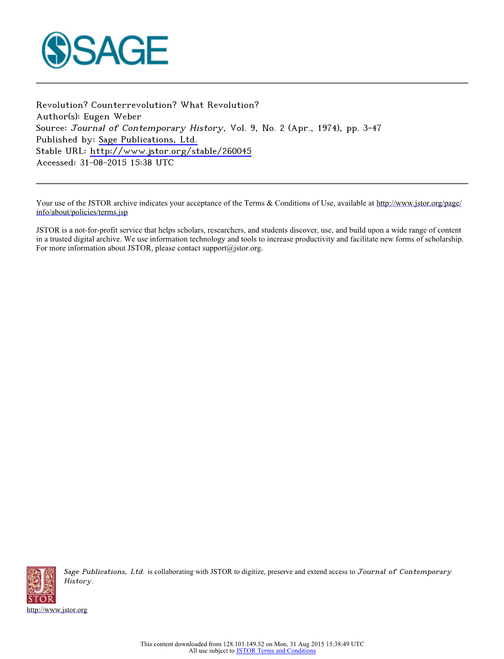 Counterrevolution? What Revolution? Author(S): Eugen Weber Source: Journal of Contemporary History, Vol