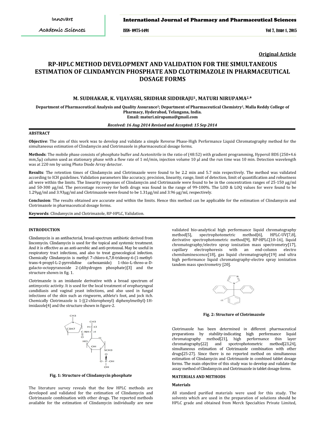 Rp-Hplc Method Development and Validation for the Simultaneous Estimation of Clindamycin Phosphate and Clotrimazole in Pharmaceutical Dosage Forms