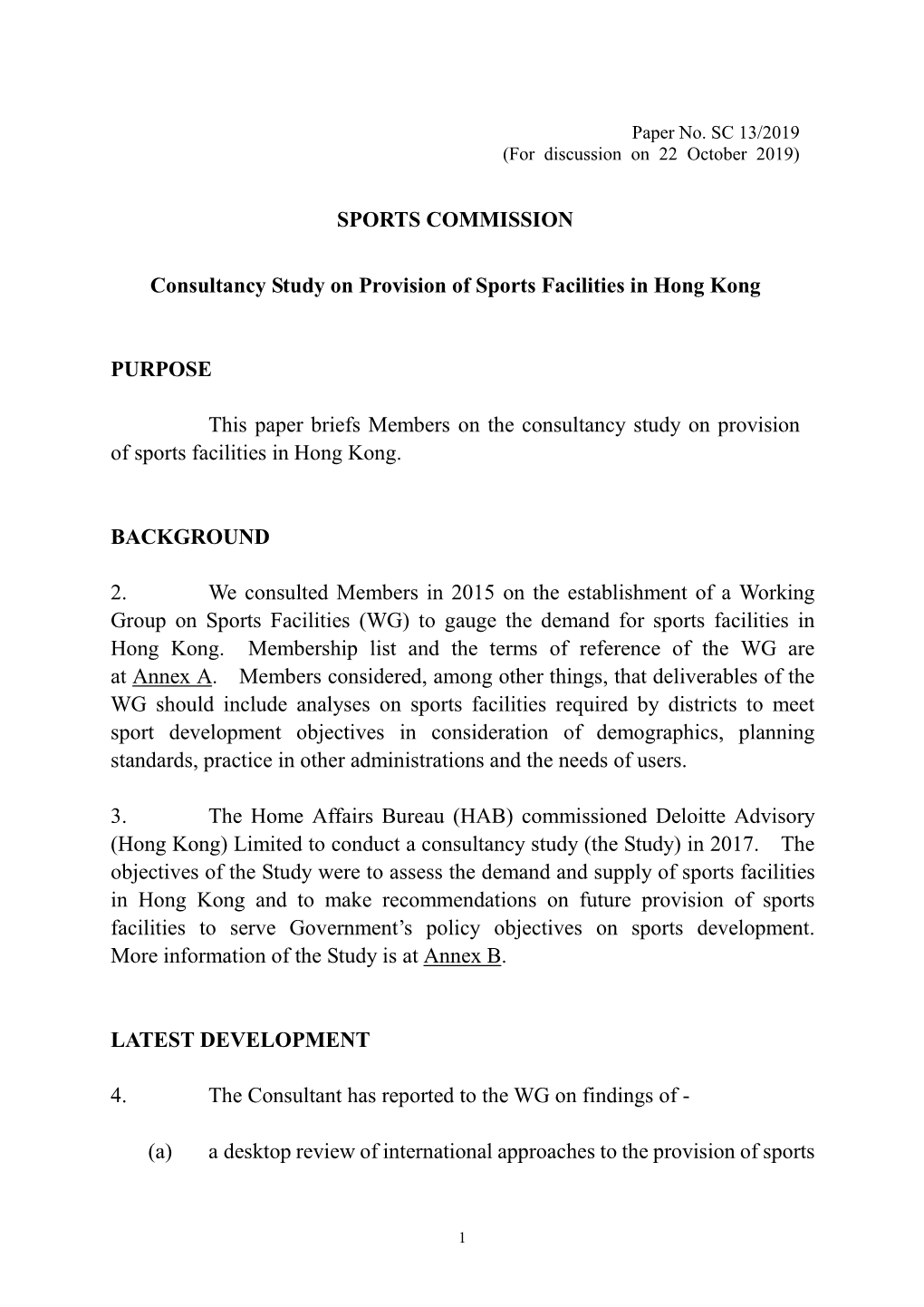 Consultancy Study on Provision of Sports Facilities in Hong Kong