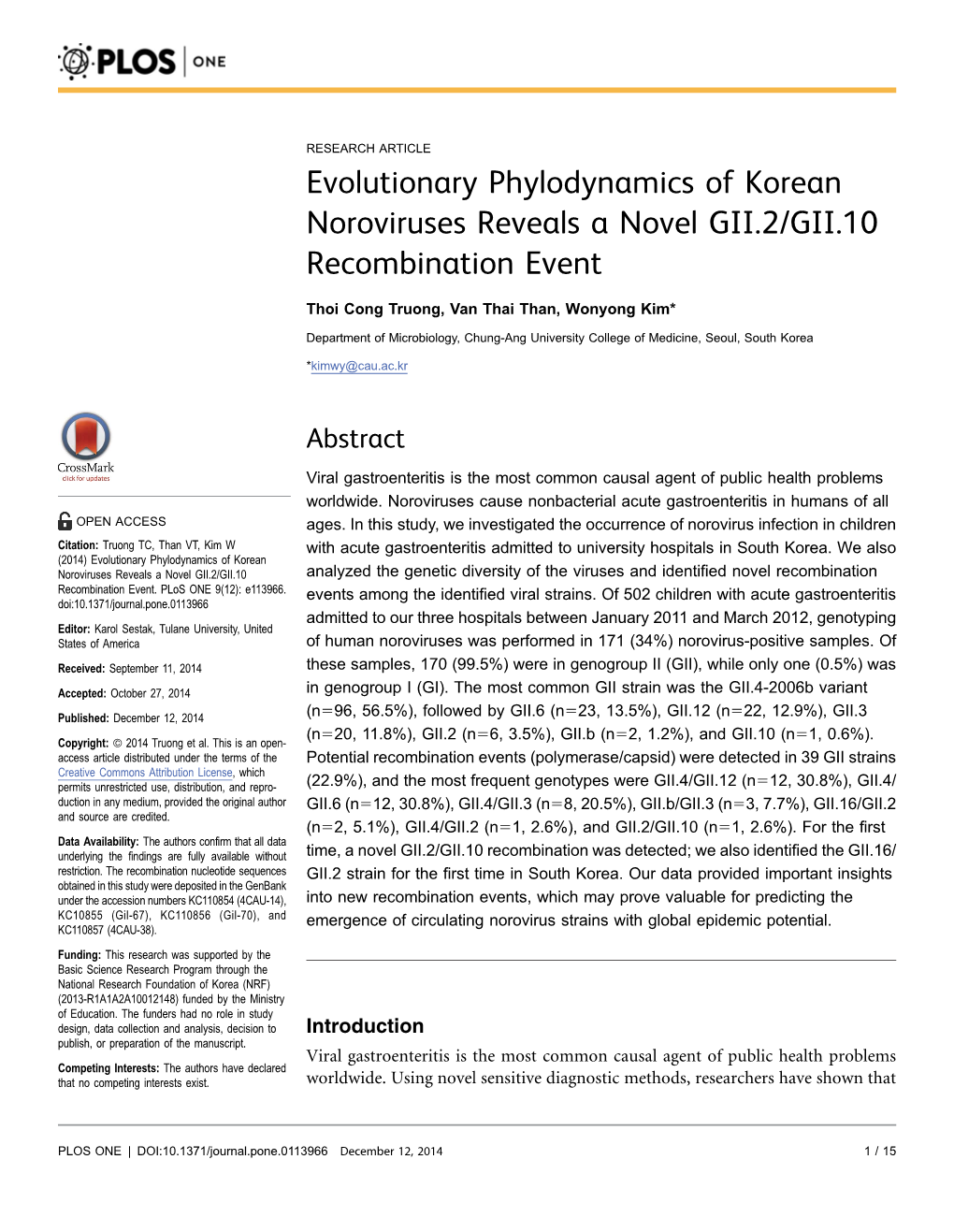 Evolutionary Phylodynamics of Korean Noroviruses Reveals a Novel GII.2/GII.10 Recombination Event