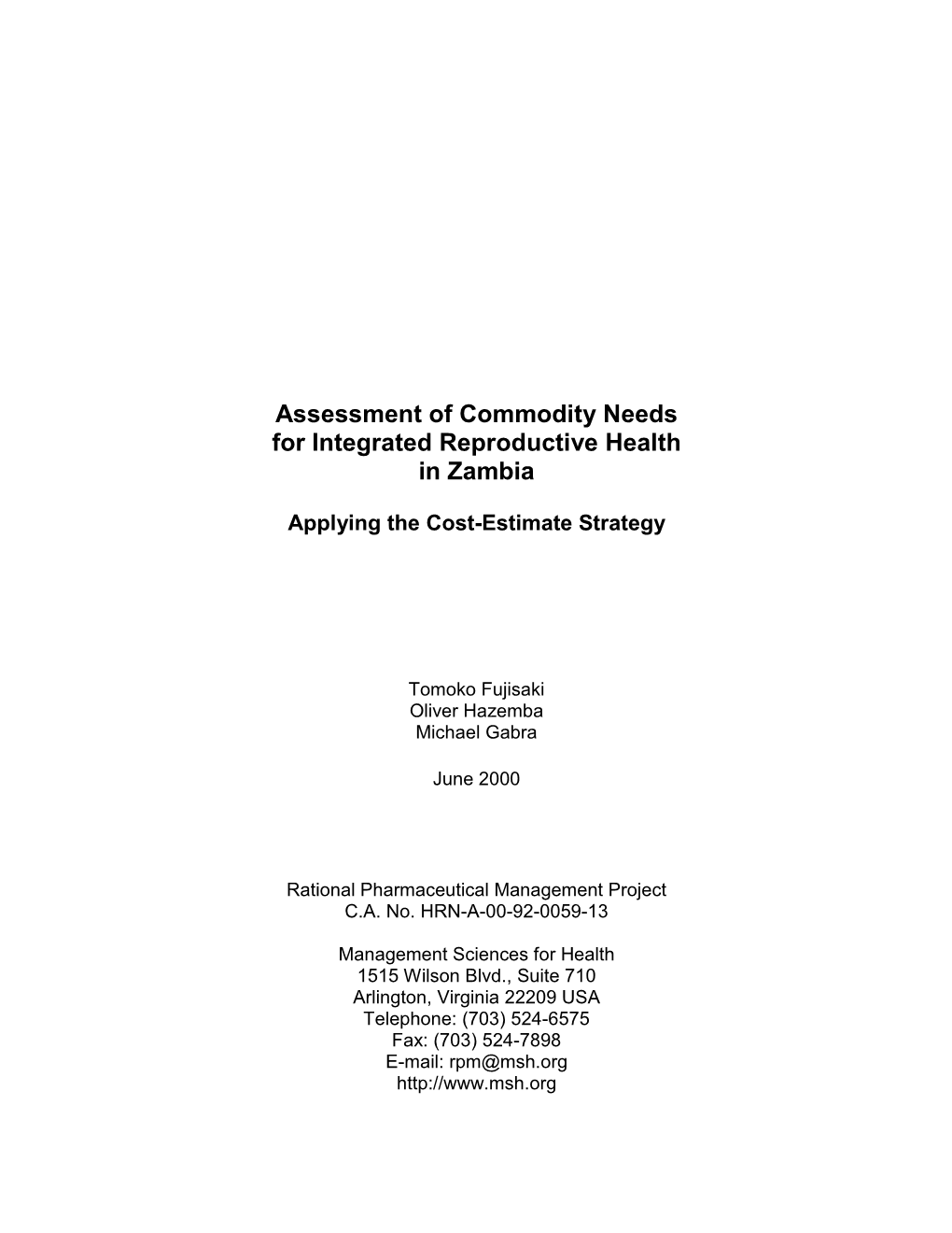 Assessment of Commodity Needs for Integrated Reproductive Health in Zambia
