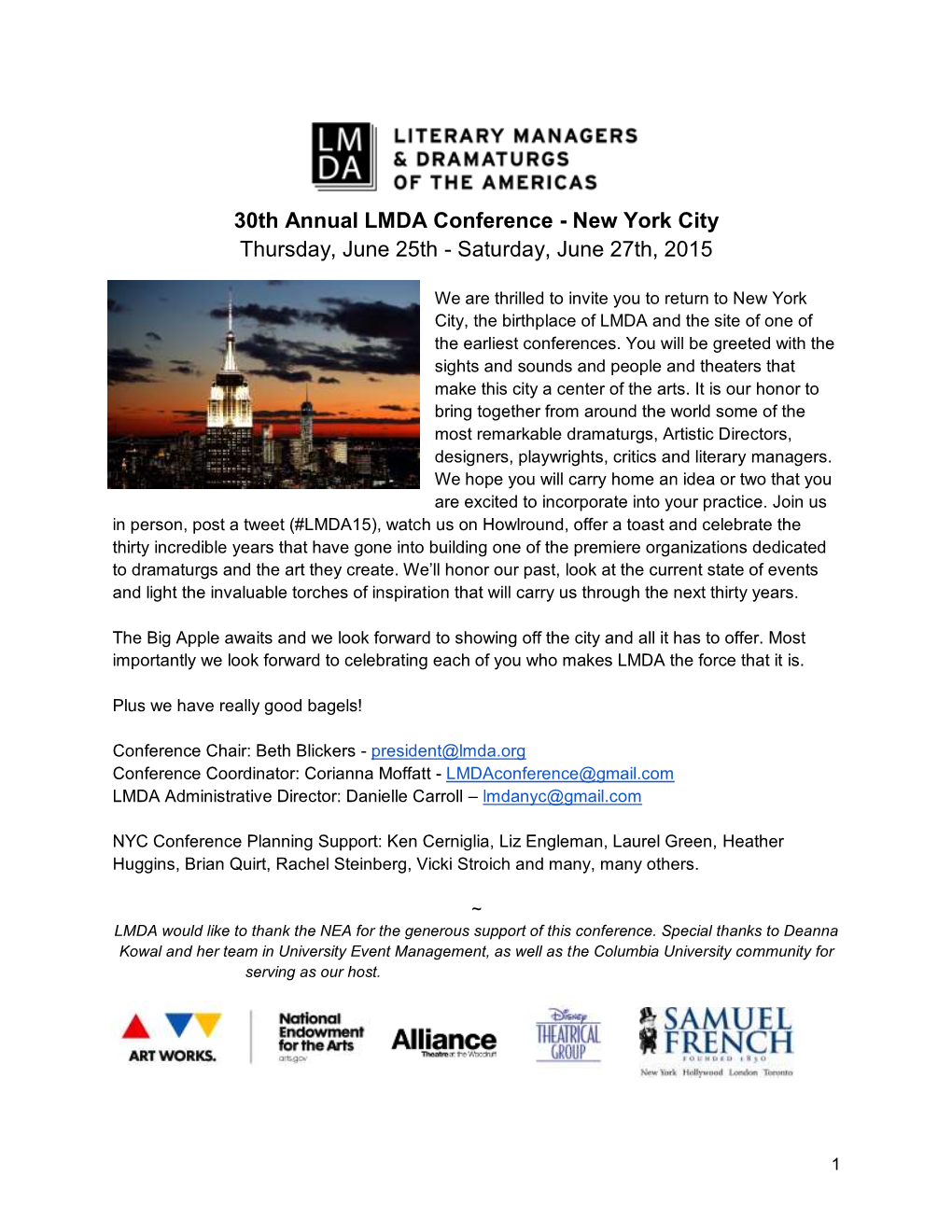30Th Annual LMDA Conference - New York City Thursday, June 25Th - Saturday, June 27Th, 2015