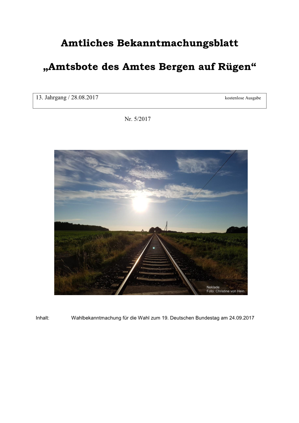 Amtliches Bekanntmachungsblatt „Amtsbote Des Amtes Bergen Auf Rügen“