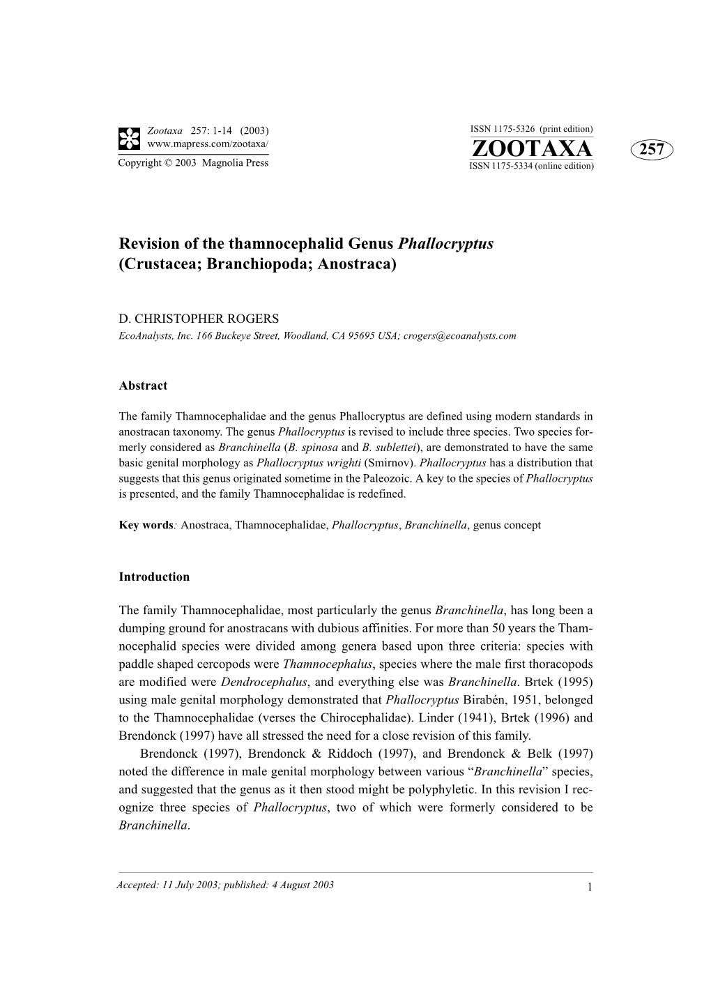 Zootaxa 257: 1-14 (2003) ISSN 1175-5326 (Print Edition) ZOOTAXA 257 Copyright © 2003 Magnolia Press ISSN 1175-5334 (Online Edition)