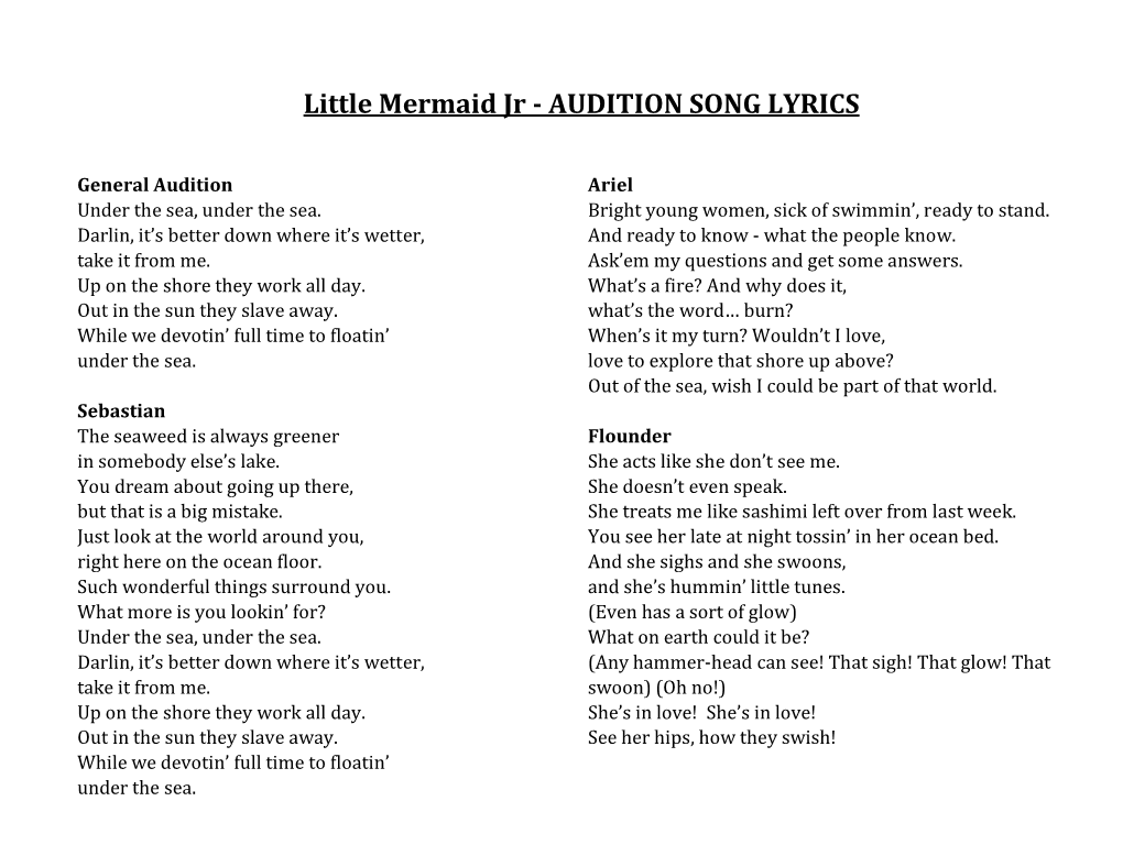 Little Mermaid Jr - AUDITION SONG LYRICS