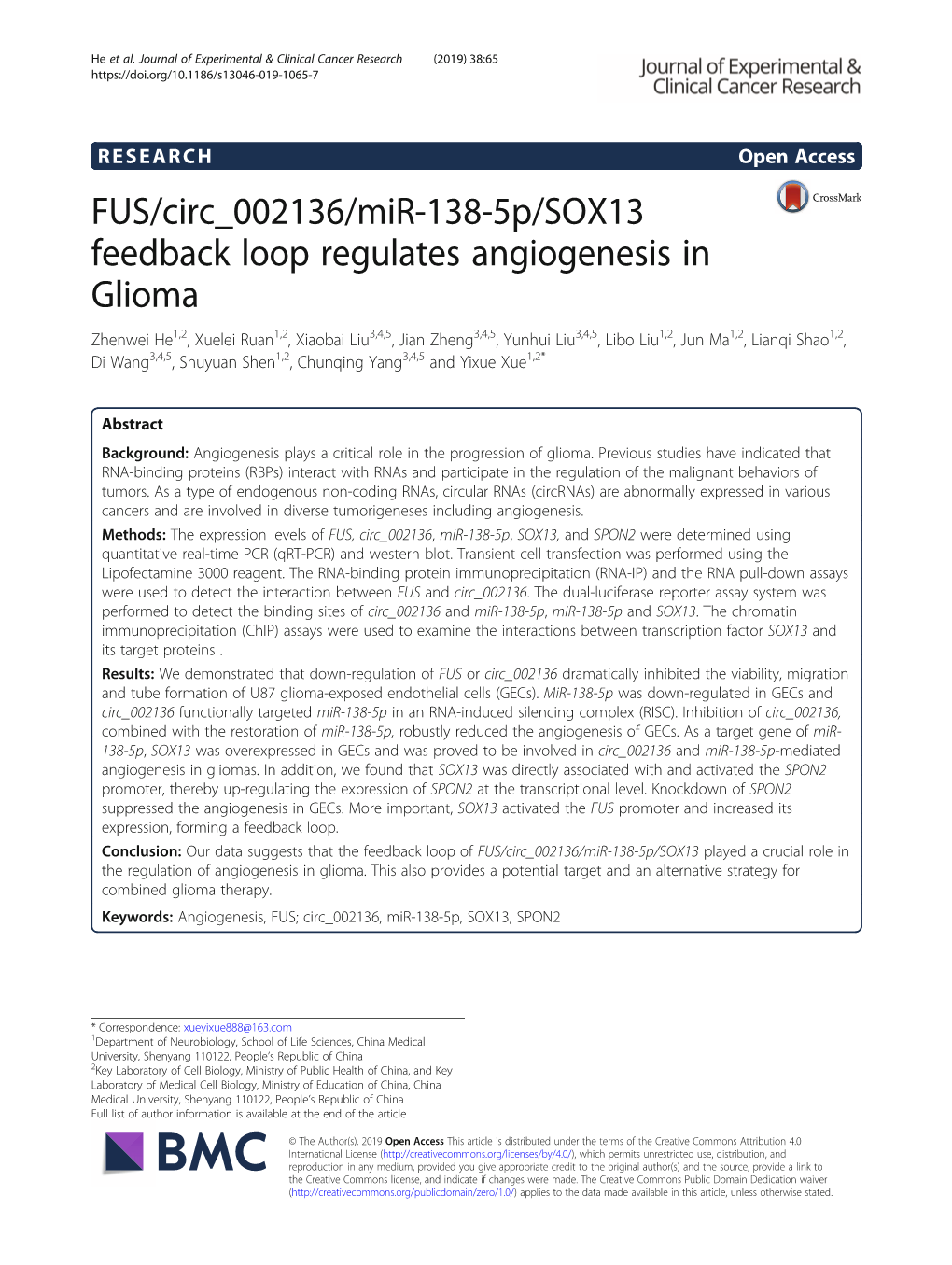 FUS/Circ 002136/Mir-138-5P/SOX13 Feedback Loop Regulates