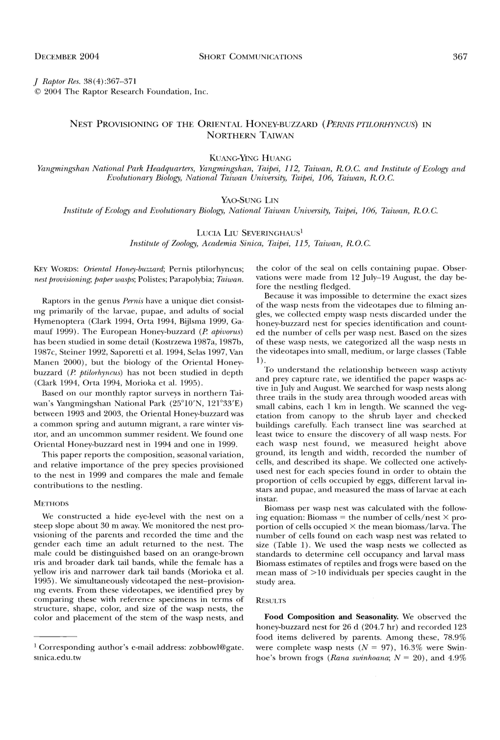 Nest Provisioning of the Oriental Honey&Hyphen;Buzzard &Lpar;&lt;I