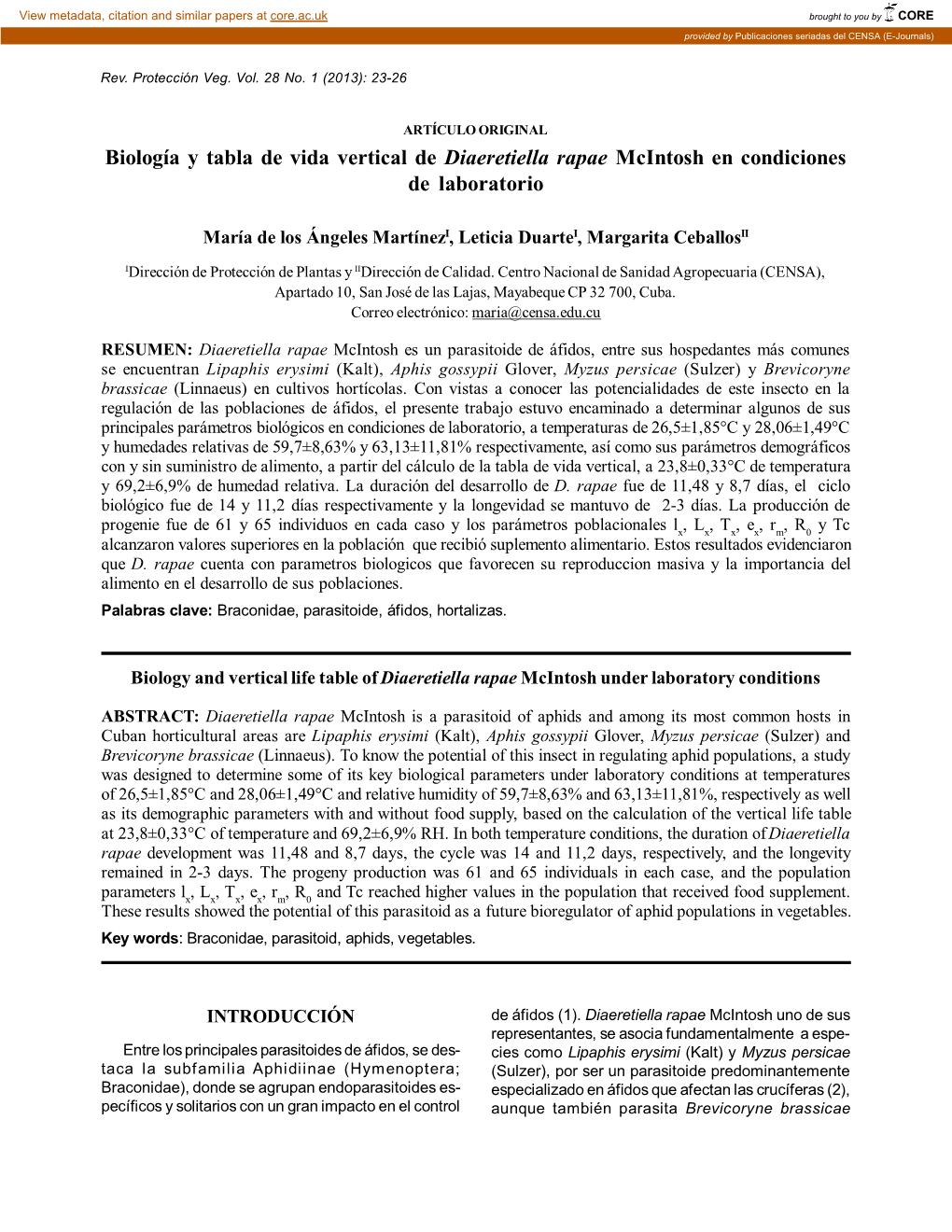 Biología Y Tabla De Vida Vertical De Diaeretiella Rapae Mcintosh En Condiciones De Laboratorio