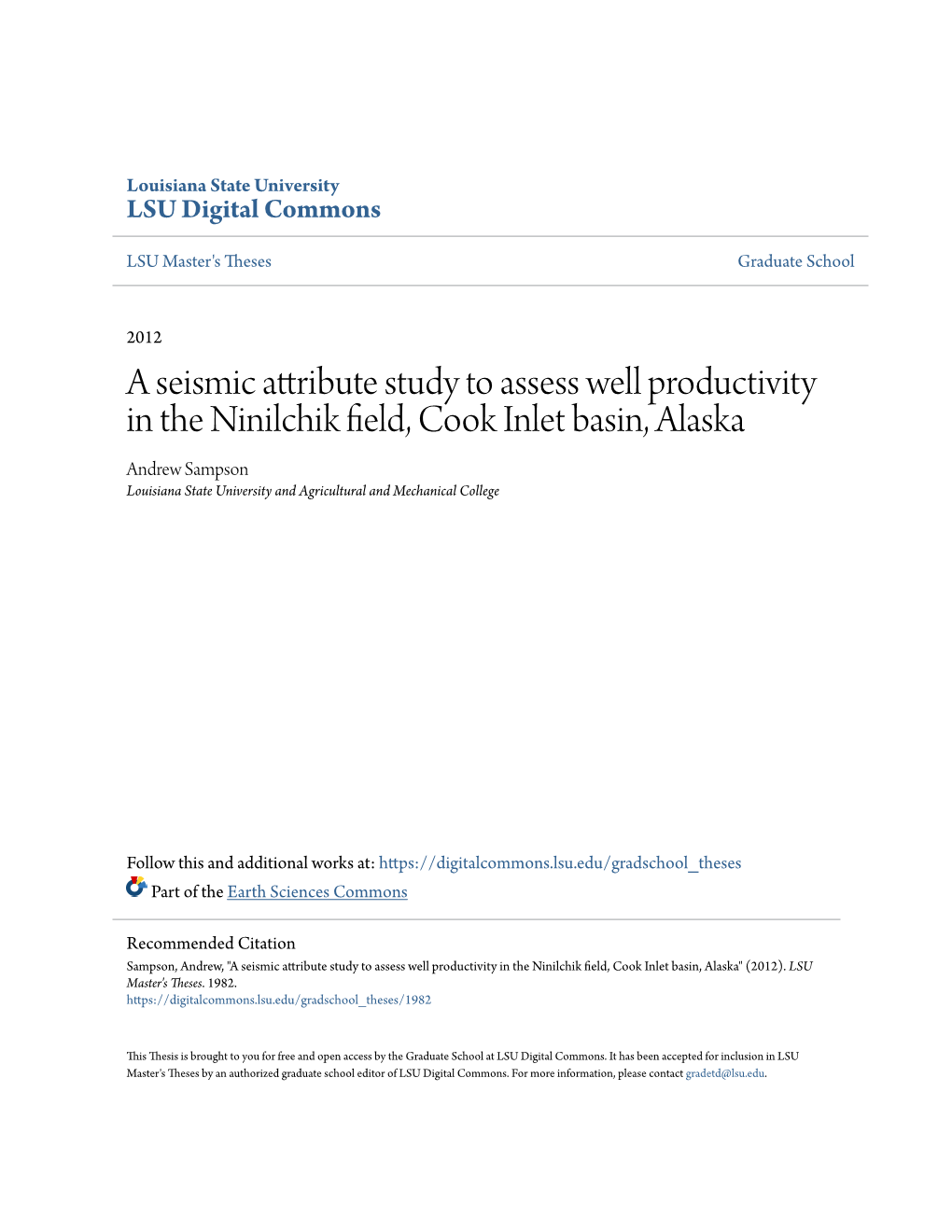 A Seismic Attribute Study to Assess Well Productivity in the Ninilchik Field, Cook Inlet Basin, Alaska