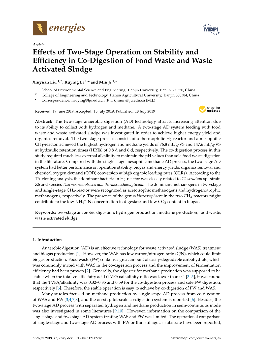 Effects of Two-Stage Operation on Stability and Efficiency in Co-Digestion of Food Waste and Waste Activated Sludge