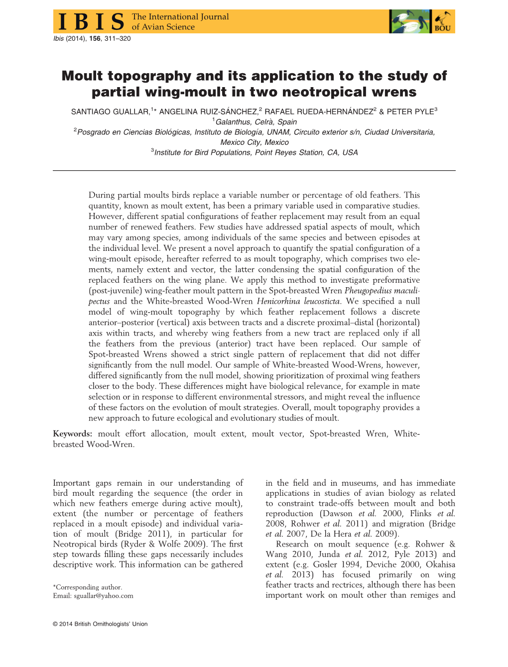 Moult Topography and Its Application to the Study of Partial Wingmoult in Two Neotropical Wrens