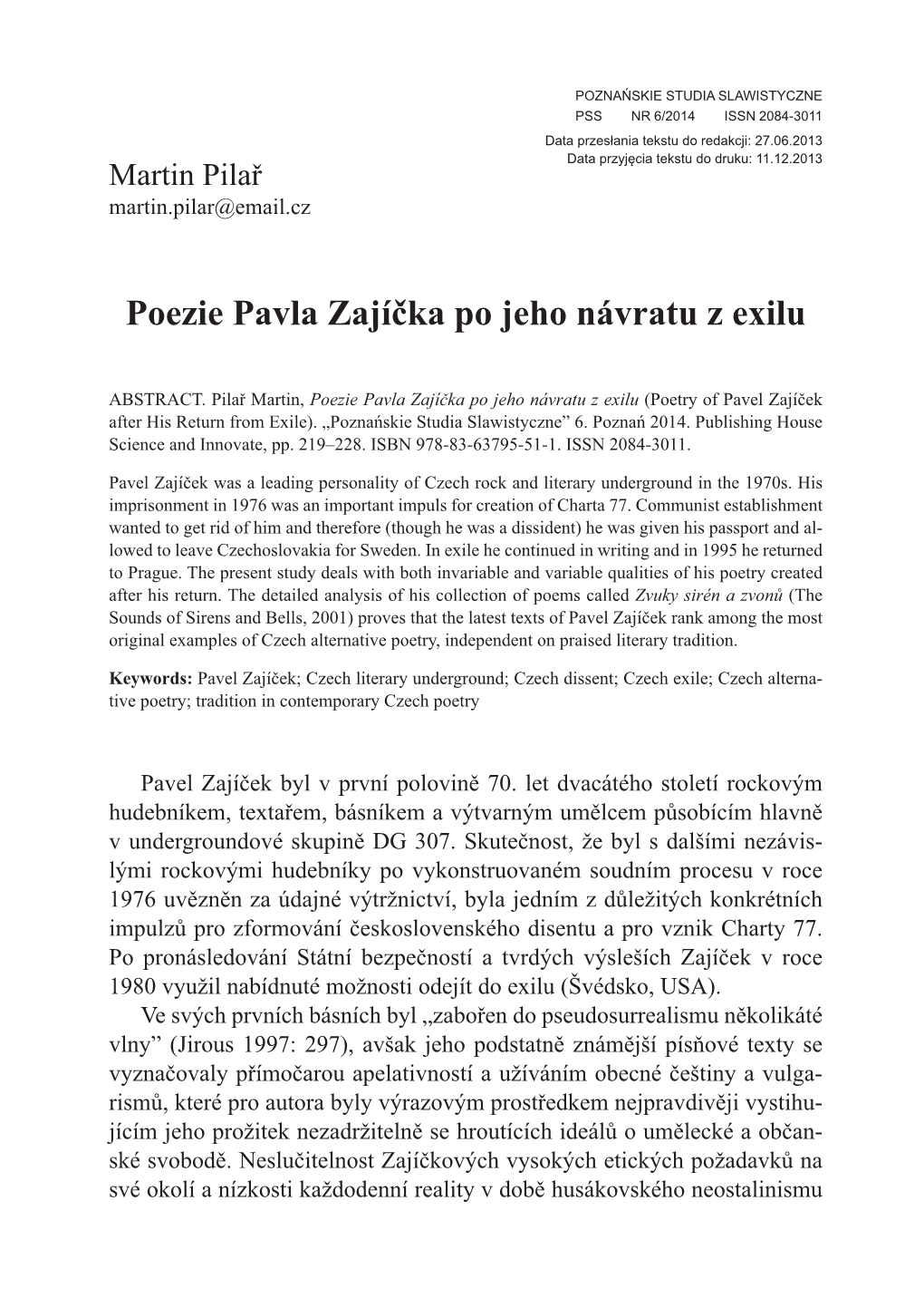 Poezie Pavla Zajíčka Po Jeho Návratu Z Exilu